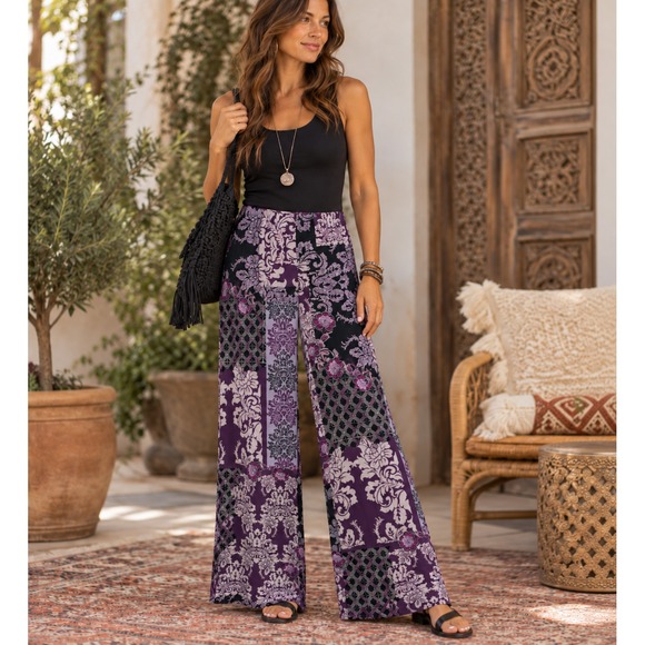 Chico's Pants - Chico's Travelers Purple Floral Patchwork Wide Leg Pants Size 0R Small 4/6